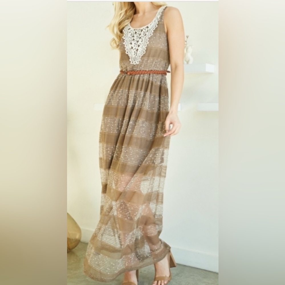 A'Reve Belted Mesh Maxi Dress in Brown and Cream with Lace Detail